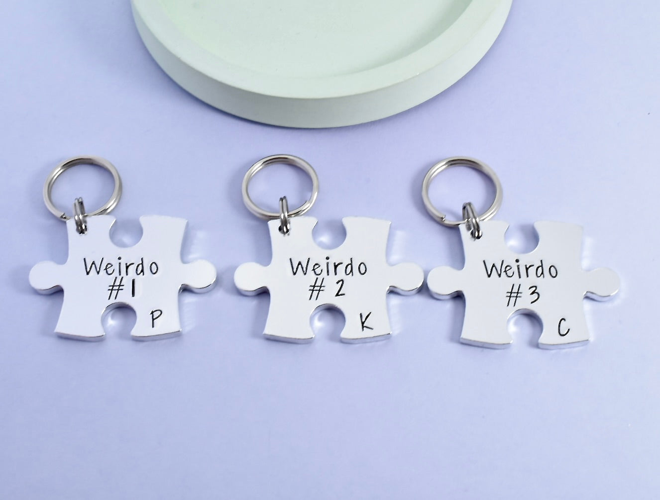Personalised Small Puzzle Piece Keyrings • Friend Key Ring Set •Friendship Gift• Weirdo 1 • Initialed Aluminium Jigsaw Piece Keychain