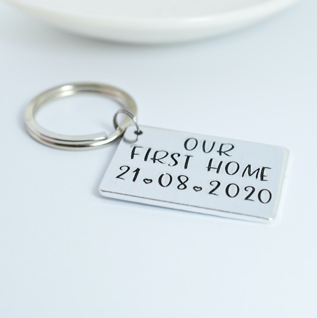 Our First Home Keyring • Personalised With Completion or Moving In date • House Warming Gift For First Time Buyers Or Home Owners.