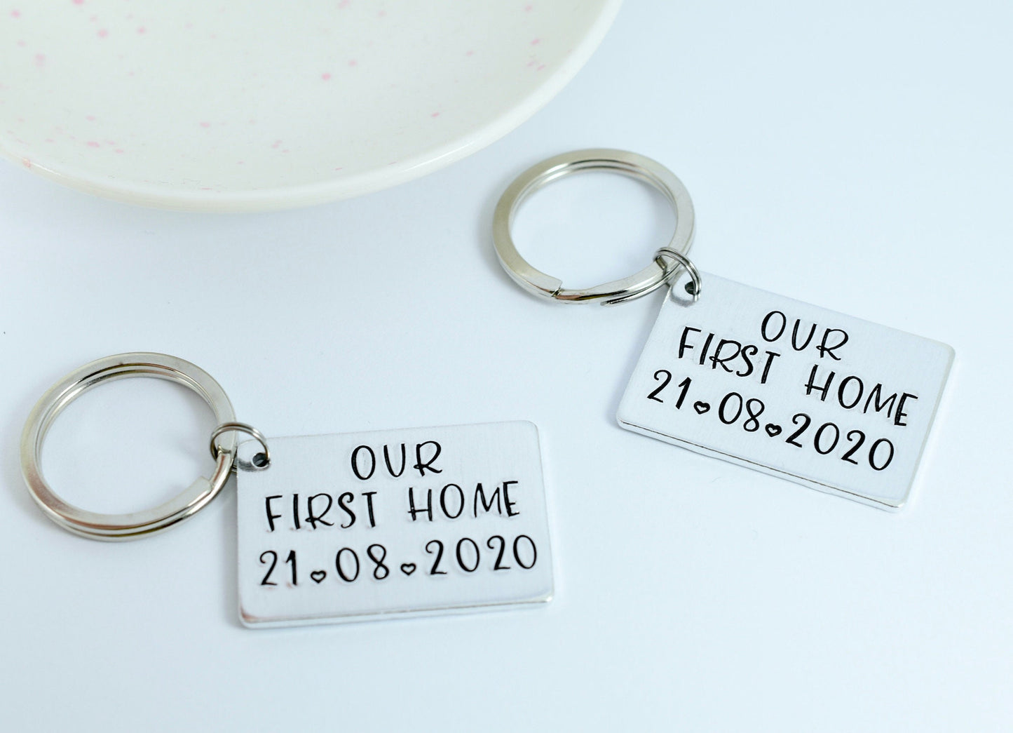 Our First Home Keyring • Personalised With Completion or Moving In date • House Warming Gift For First Time Buyers Or Home Owners.