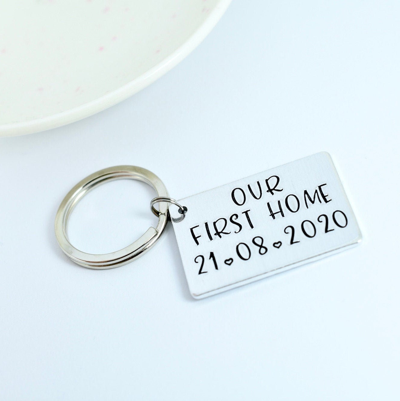 Our First Home Keyring • Personalised With Completion or Moving In date • House Warming Gift For First Time Buyers Or Home Owners.