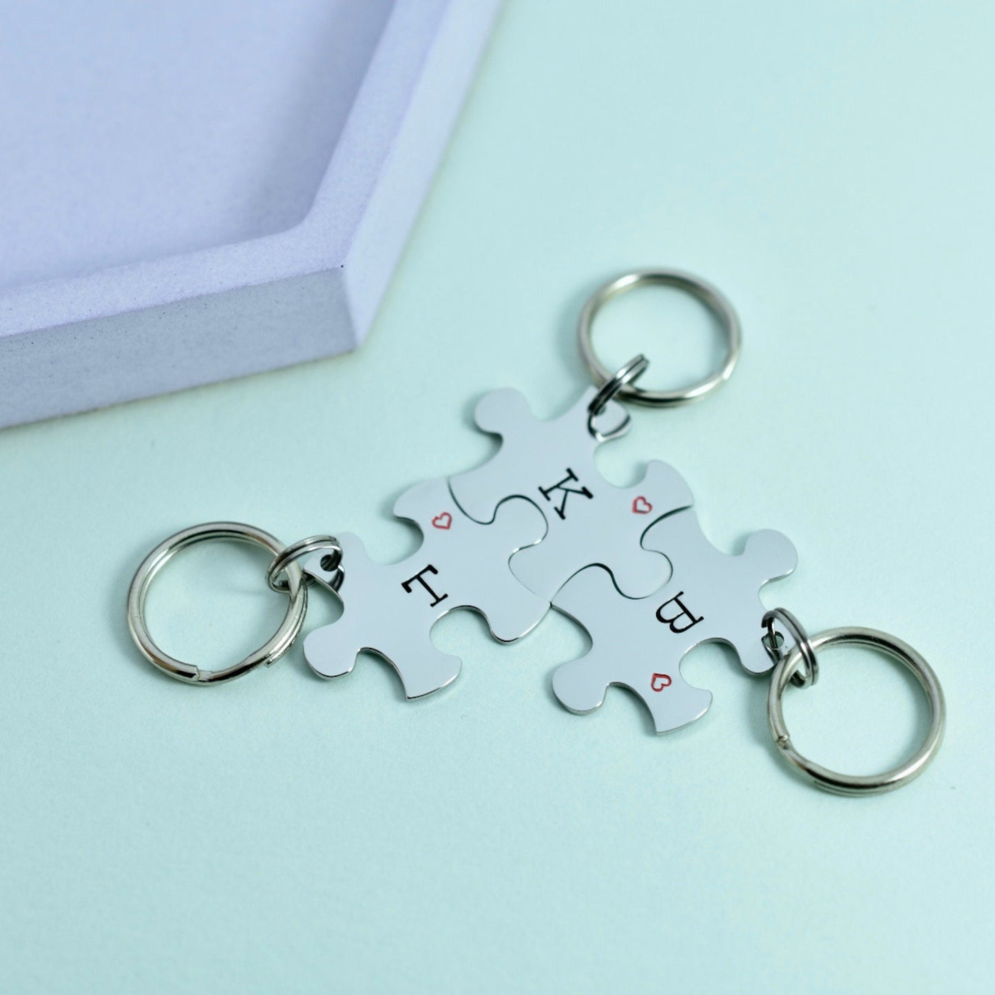 Personalised MINI Puzzle Piece Keyrings • Couple Key Ring Set • Friendship Gift • Valentines Gift • High Quality Shiny Steel Jigsaw