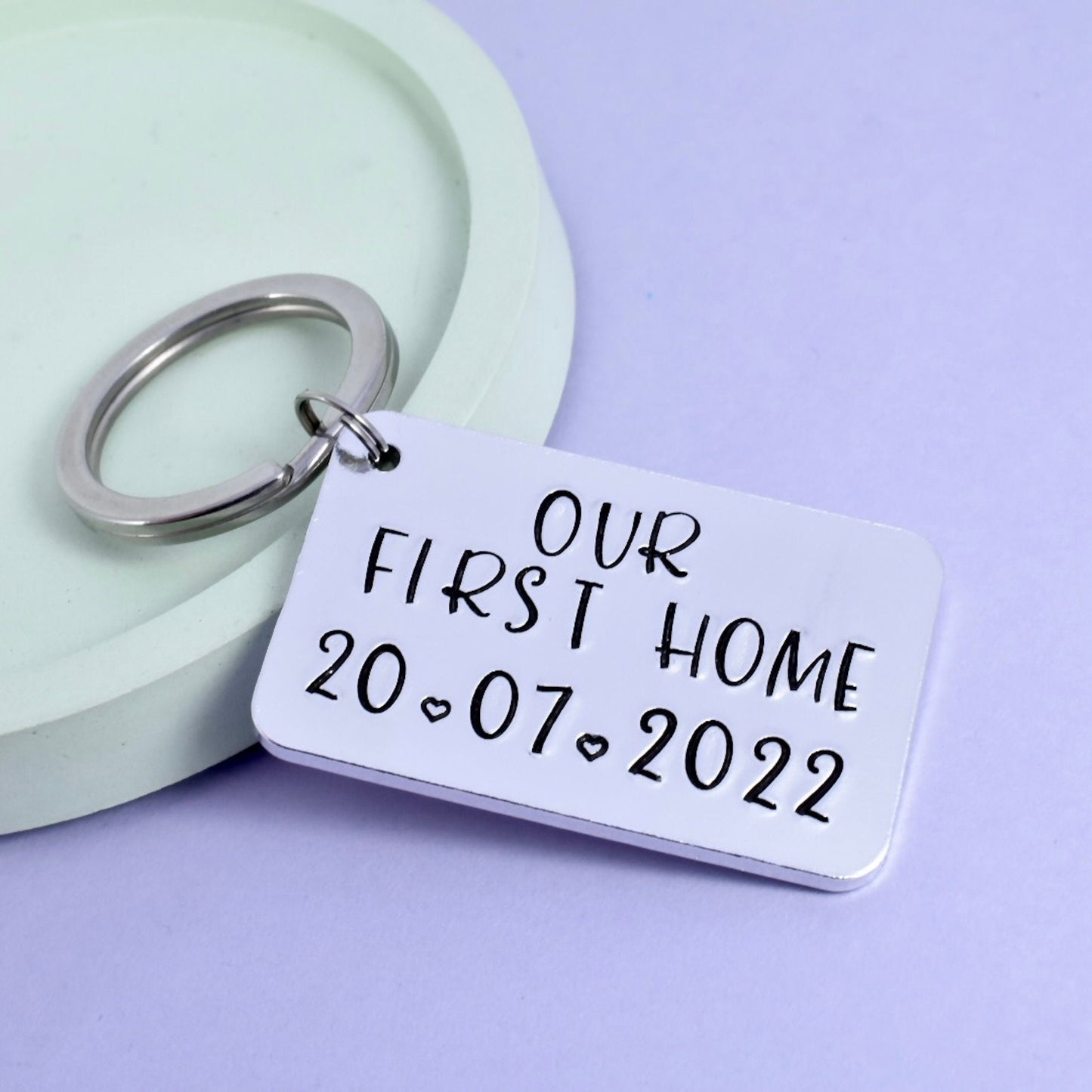 Our First Home Keyring • Personalised With Completion or Moving In date • House Warming Gift For First Time Buyers Or Home Owners.