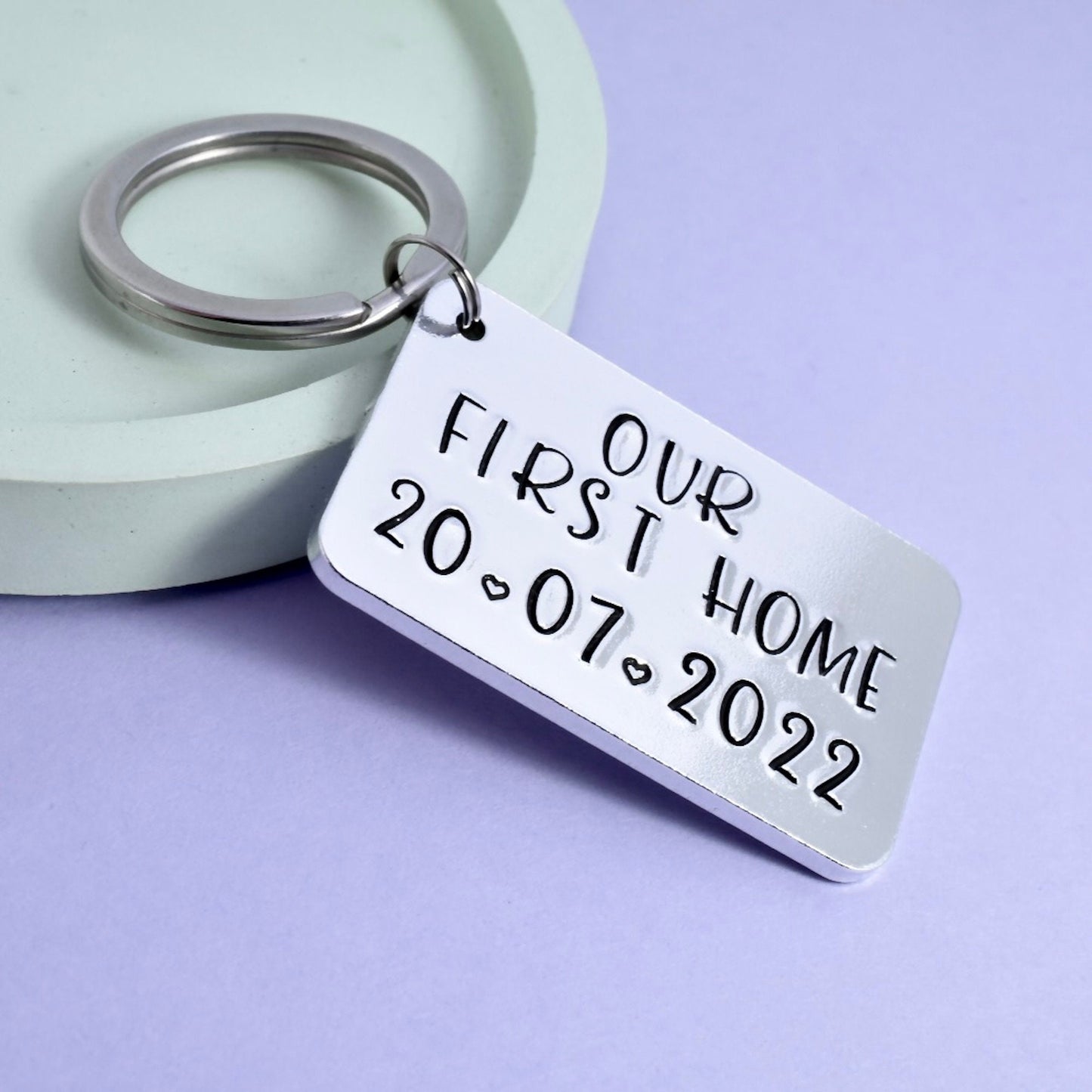 Our First Home Keyring • Personalised With Completion or Moving In date • House Warming Gift For First Time Buyers Or Home Owners.