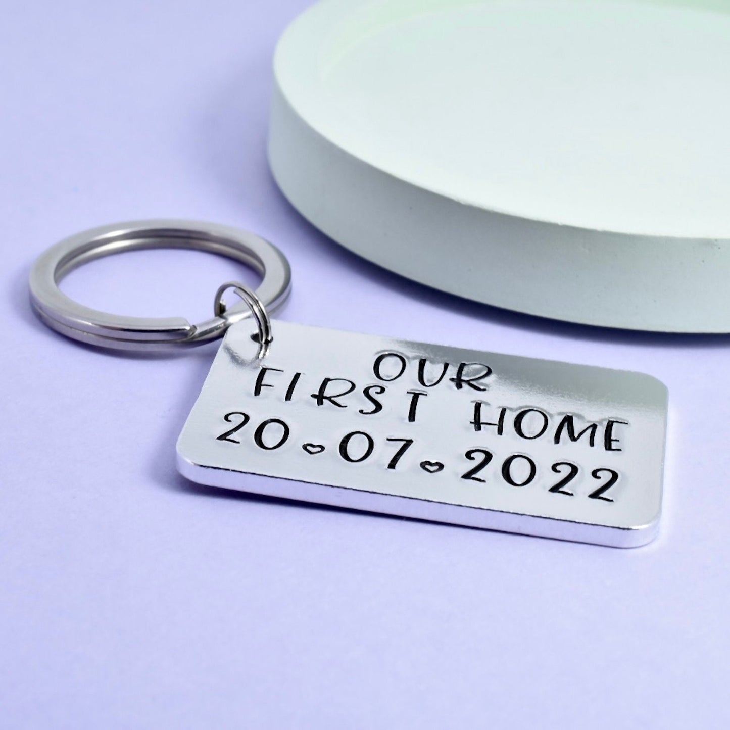 Our First Home Keyring • Personalised With Completion or Moving In date • House Warming Gift For First Time Buyers Or Home Owners.