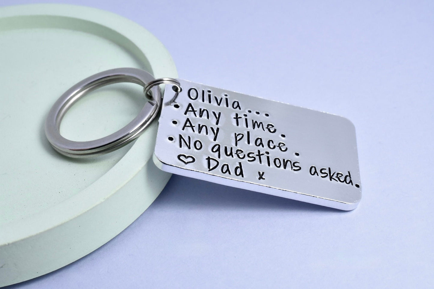 Any Time, Any Place, No Questions Asked Keyring • Personalised Going To Uni Gift • Child Leaving Home • Call Me Any Time • Be Safe Key Chain