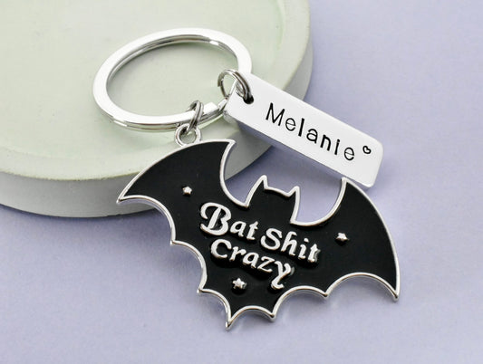 Personalised Bat Keyring with Custom Name - Funny Crazy Friend Gothic Bat Keychain Gift