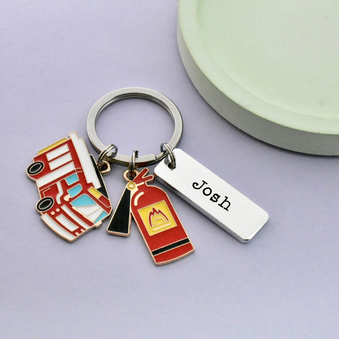 Personalised Firefighter Keyring - Fire Engine & Extinguisher Gift