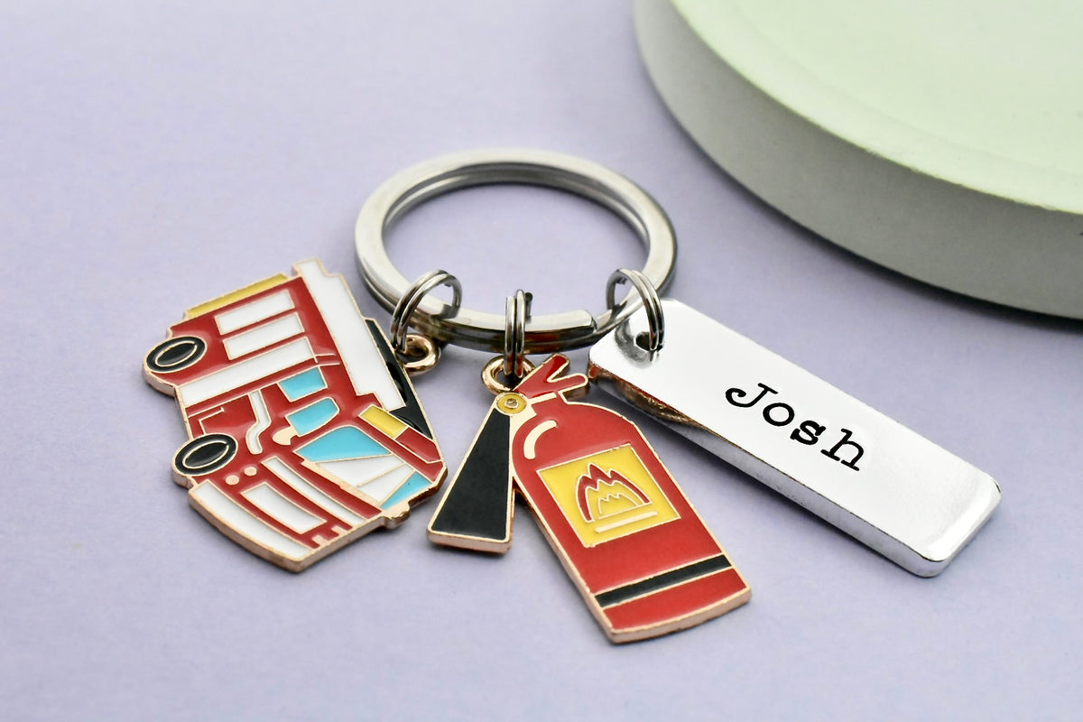 Personalised Firefighter Keyring - Fire Engine & Extinguisher Gift