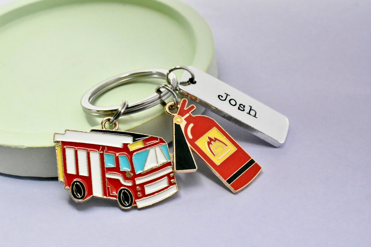 Personalised Firefighter Keyring - Fire Engine & Extinguisher Gift