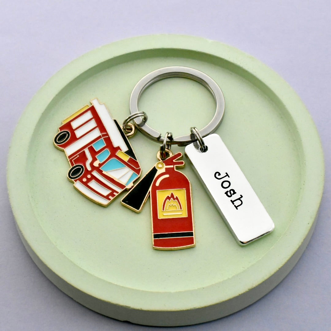 Personalised Firefighter Keyring - Fire Engine & Extinguisher Gift