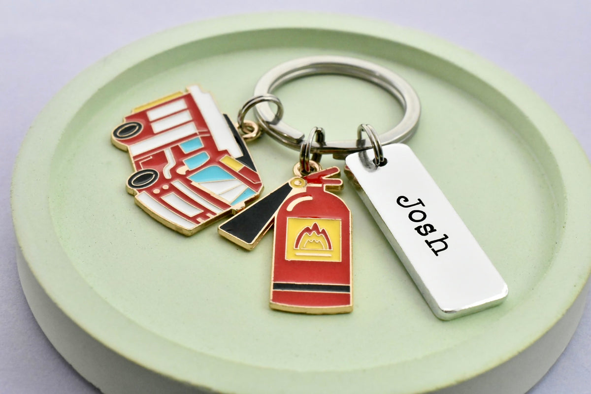 Personalised Firefighter Keyring - Fire Engine & Extinguisher Gift