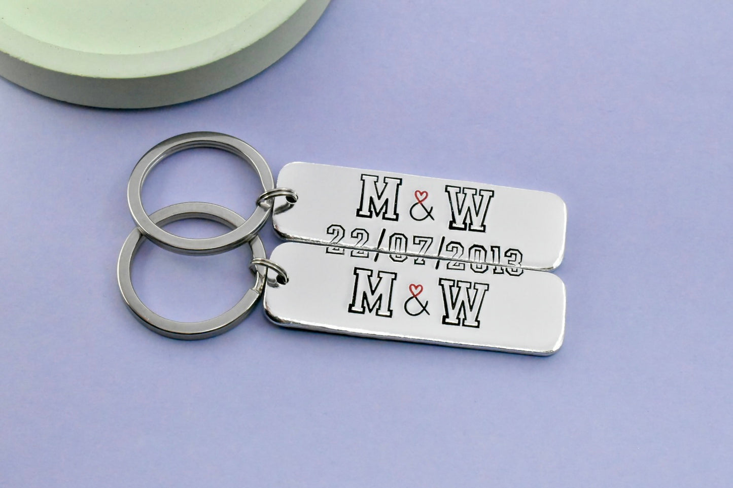 Personalised Couple Keyrings, Split Date Keychain Set of 2, Initials Gift, Anniversary Keepsake, Handmade UK