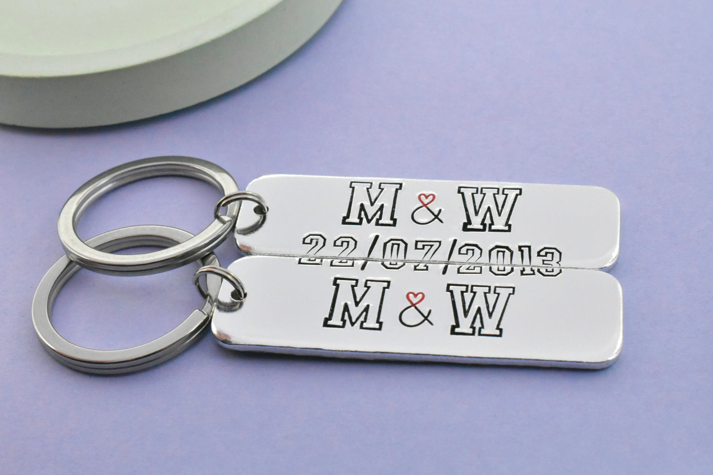 Personalised Couple Keyrings, Split Date Keychain Set of 2, Initials Gift, Anniversary Keepsake, Handmade UK