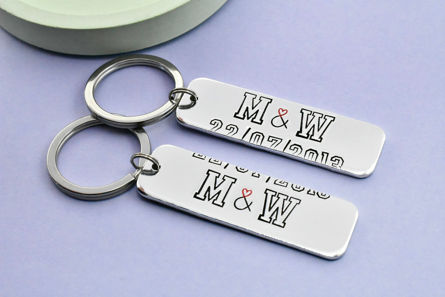 Personalised Couple Keyrings, Split Date Keychain Set of 2, Initials Gift, Anniversary Keepsake, Handmade UK