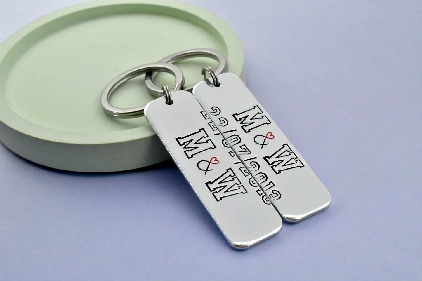 Personalised Couple Keyrings, Split Date Keychain Set of 2, Initials Gift, Anniversary Keepsake, Handmade UK