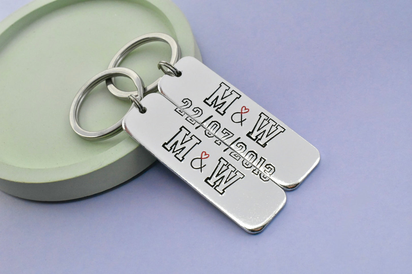 Personalised Couple Keyrings, Split Date Keychain Set of 2, Initials Gift, Anniversary Keepsake, Handmade UK