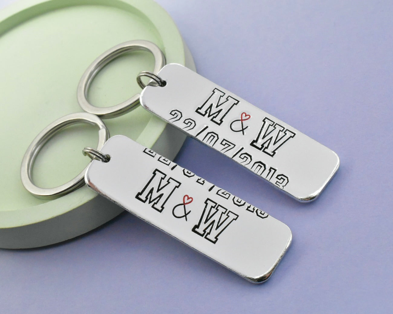 Personalised Couple Keyrings, Split Date Keychain Set of 2, Initials Gift, Anniversary Keepsake, Handmade UK