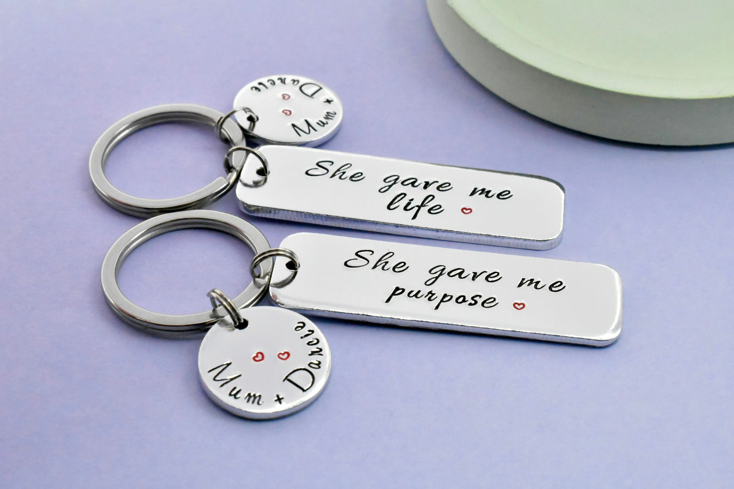 Mum and Child Keyrings Set of 2, She Gave Me Life Purpose, Personalised Name Keychain, Mothers Day Gift