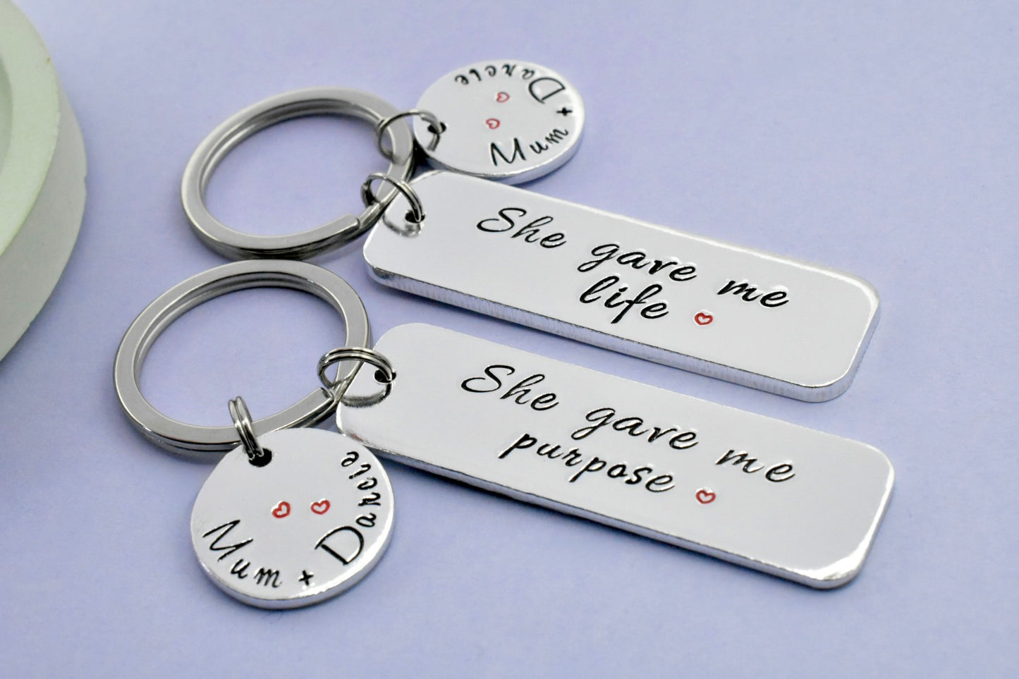 Mum and Child Keyrings Set of 2, She Gave Me Life Purpose, Personalised Name Keychain, Mothers Day Gift