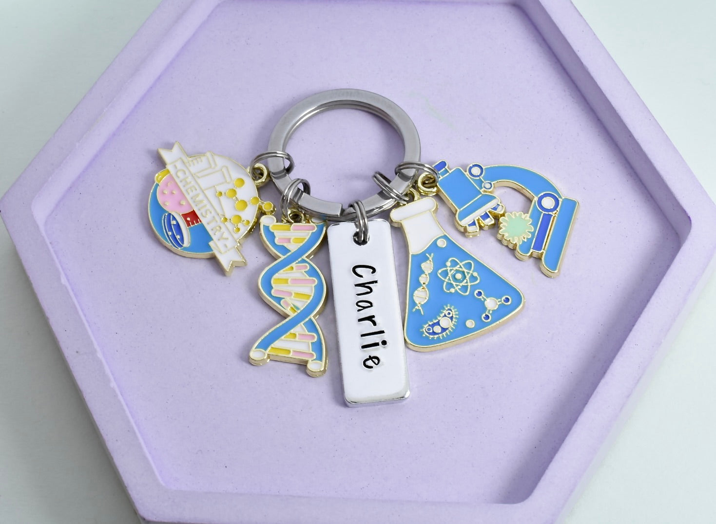Personalised Science keyring, silver rectangle and science charms