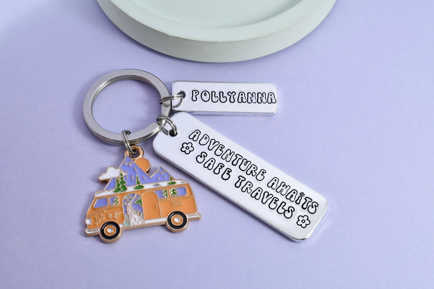 Personalised Travel Keyring • Adventure Awaits • Safe Travels • Emigrating Friend • Van Life • Travel Gift • Camper Key Chain•Optional Charm
