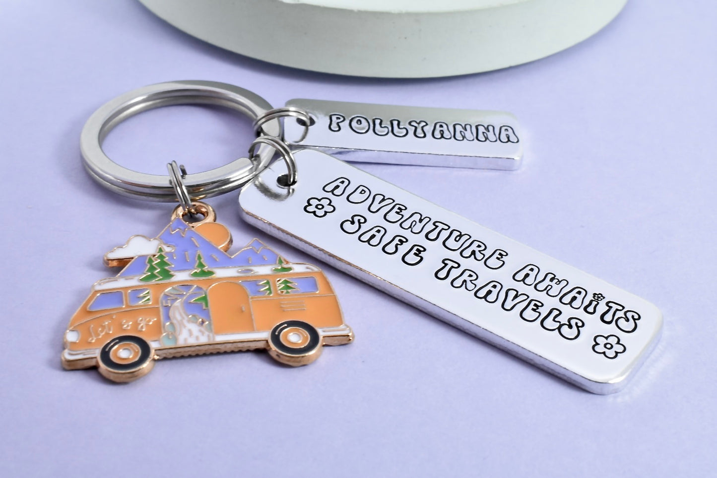 Personalised Travel Keyring • Adventure Awaits • Safe Travels • Emigrating Friend • Van Life • Travel Gift • Camper Key Chain•Optional Charm