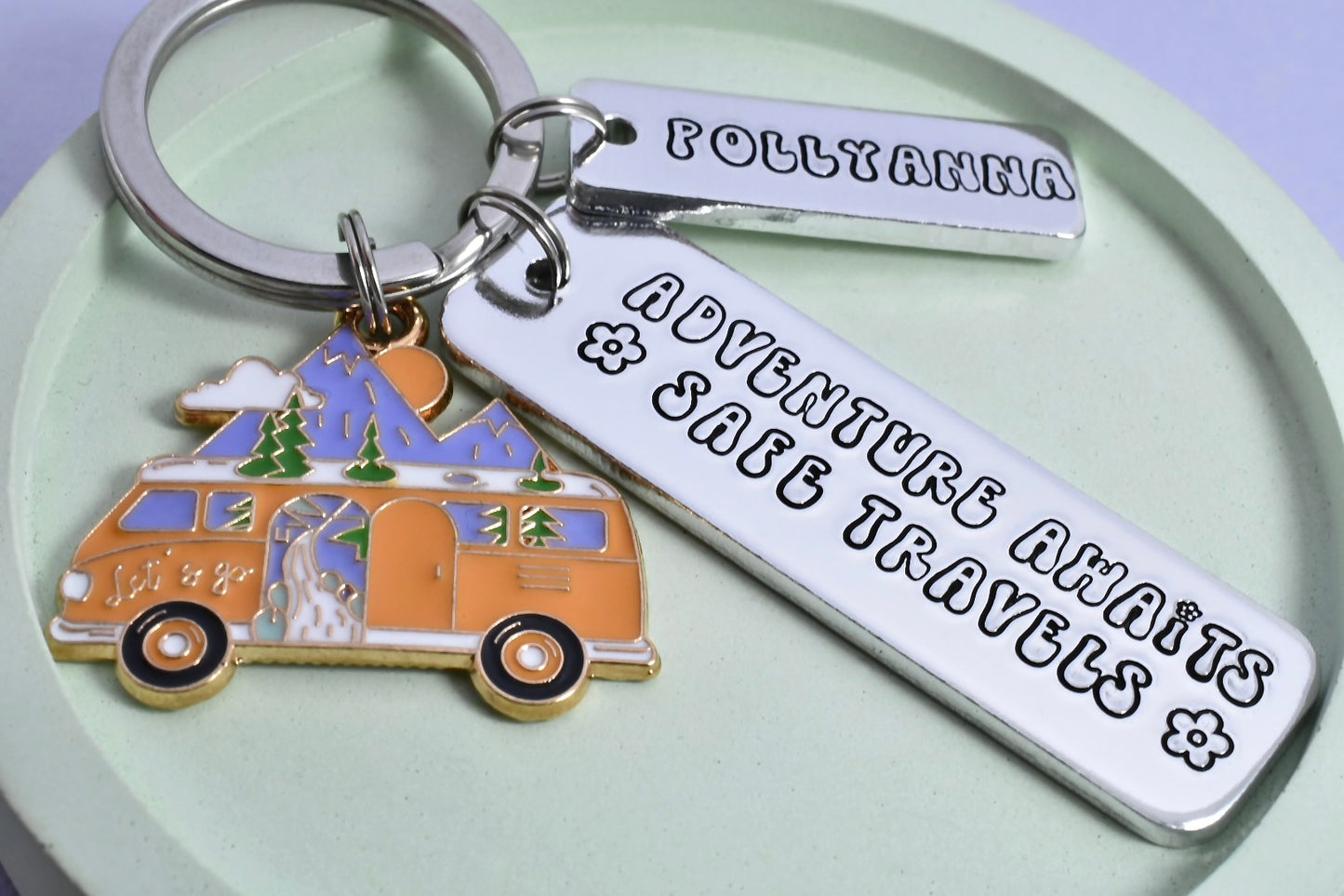 Personalised Travel Keyring • Adventure Awaits • Safe Travels • Emigrating Friend • Van Life • Travel Gift • Camper Key Chain•Optional Charm