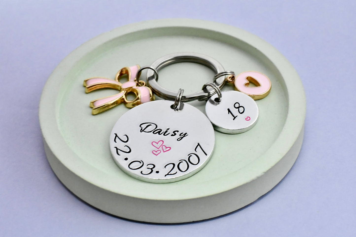 Birthday Keyring • Personalised Day Of Birth Keyring • Pink Bow Gift • 18th Birthday • Any Age Birthday Keyring