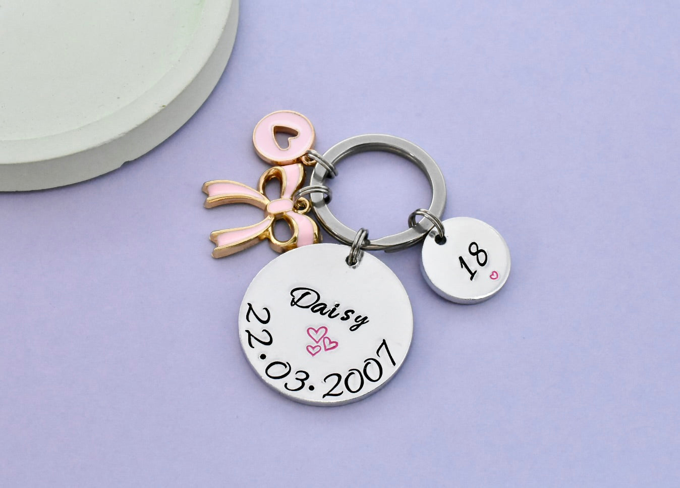 Birthday Keyring • Personalised Day Of Birth Keyring • Pink Bow Gift • 18th Birthday • Any Age Birthday Keyring
