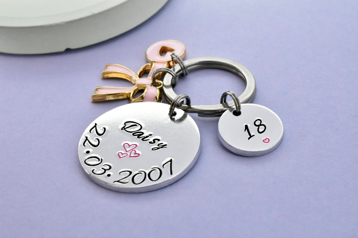 Birthday Keyring • Personalised Day Of Birth Keyring • Pink Bow Gift • 18th Birthday • Any Age Birthday Keyring