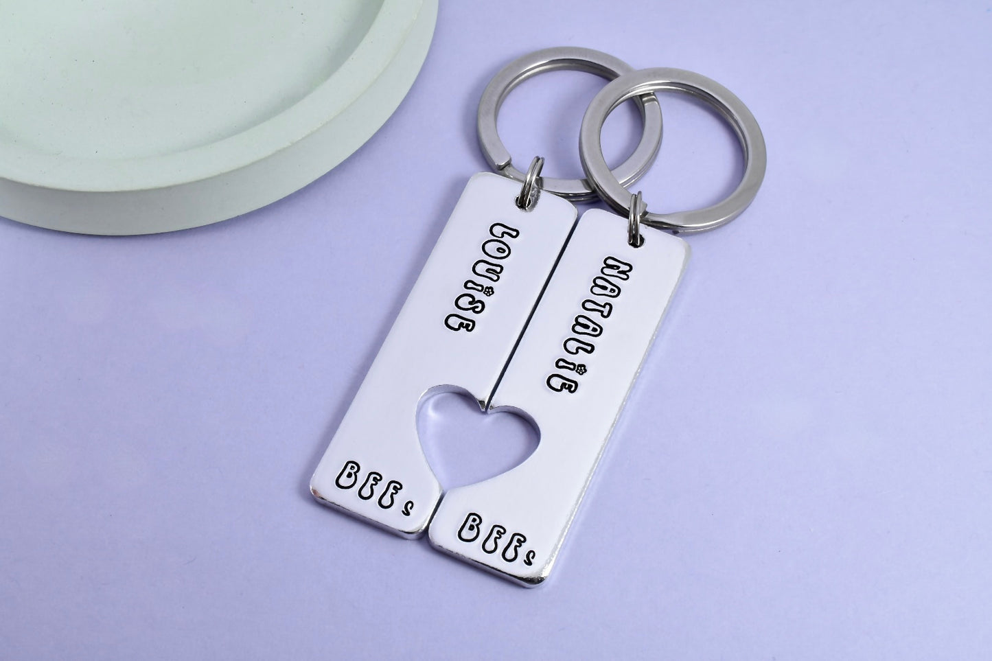 Aluminium Keyring Set, personalised with best friends names and "BFF's" on each keyring