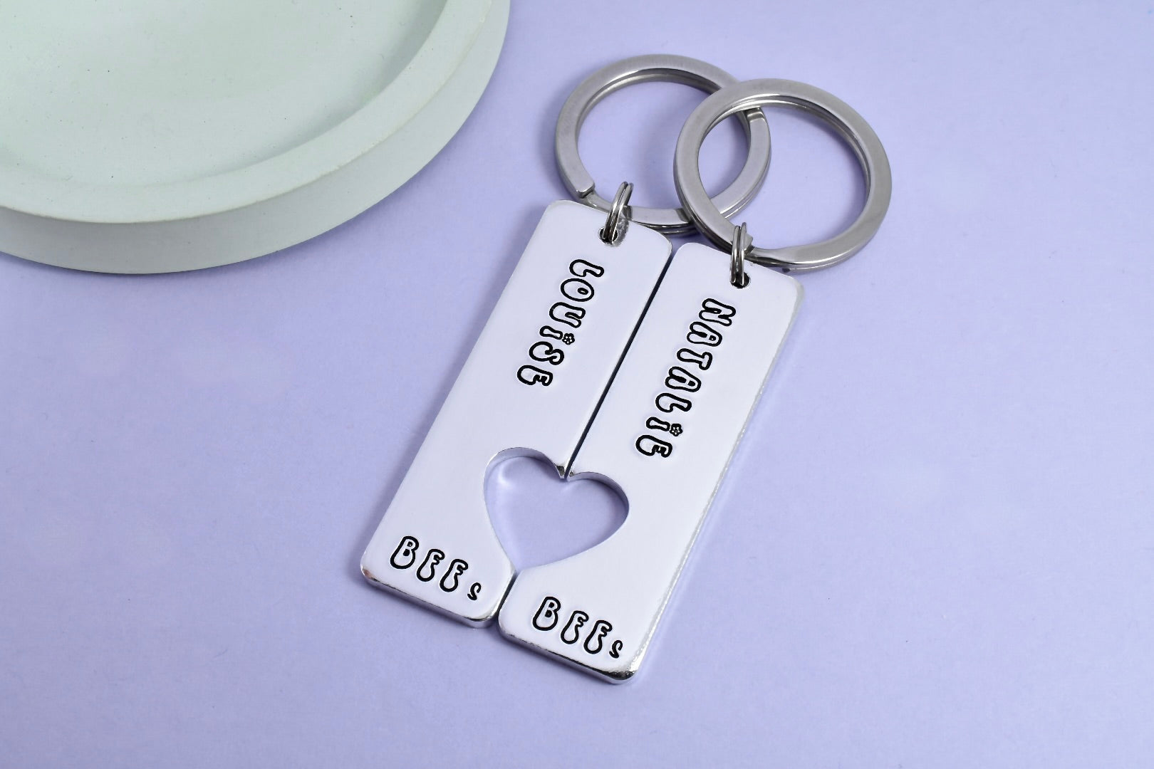 Aluminium Keyring Set, personalised with best friends names and "BFF's" on each keyring