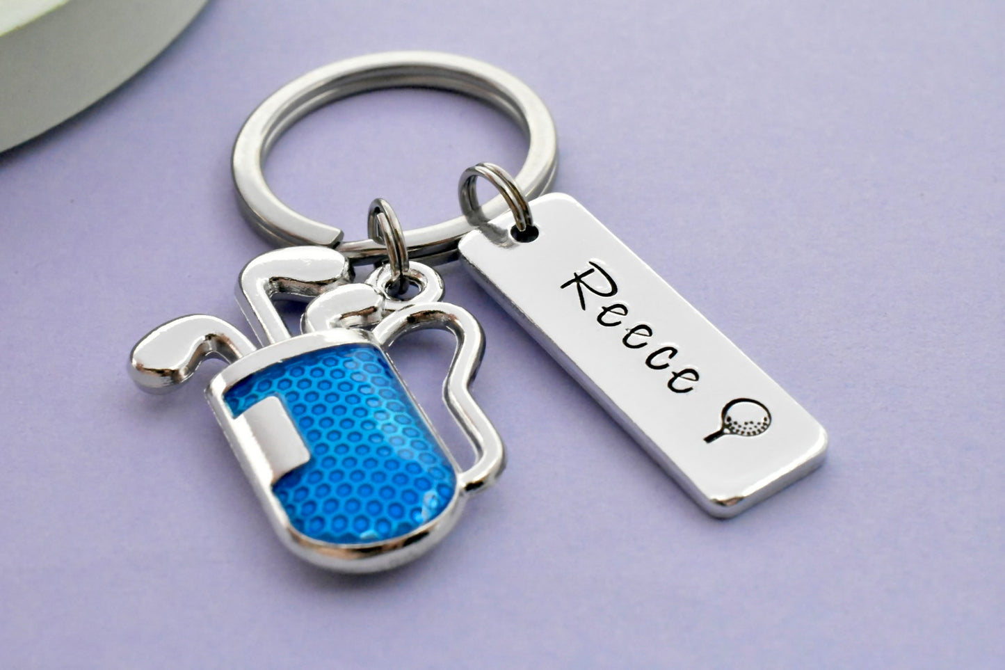 Personalised Golf Keyring with Blue Golf Bag Charm | Handmade UK