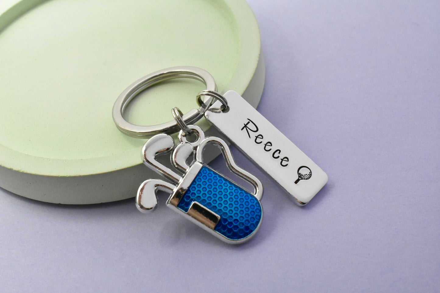 Personalised Golf Keyring with Blue Golf Bag Charm | Handmade UK