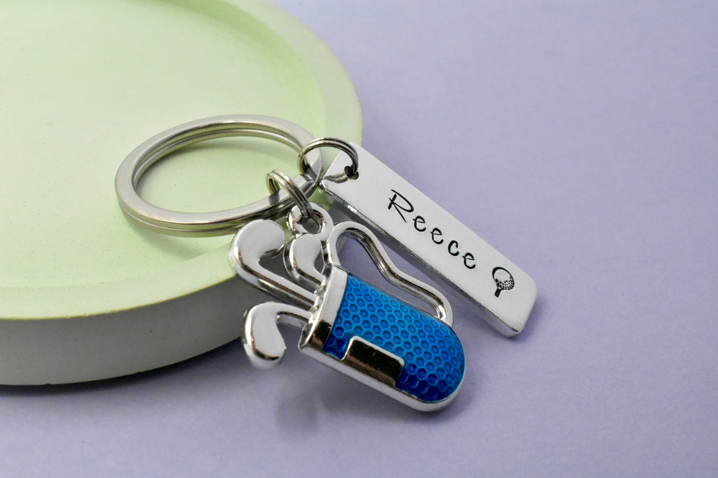 Personalised Golf Keyring with Blue Golf Bag Charm | Handmade UK