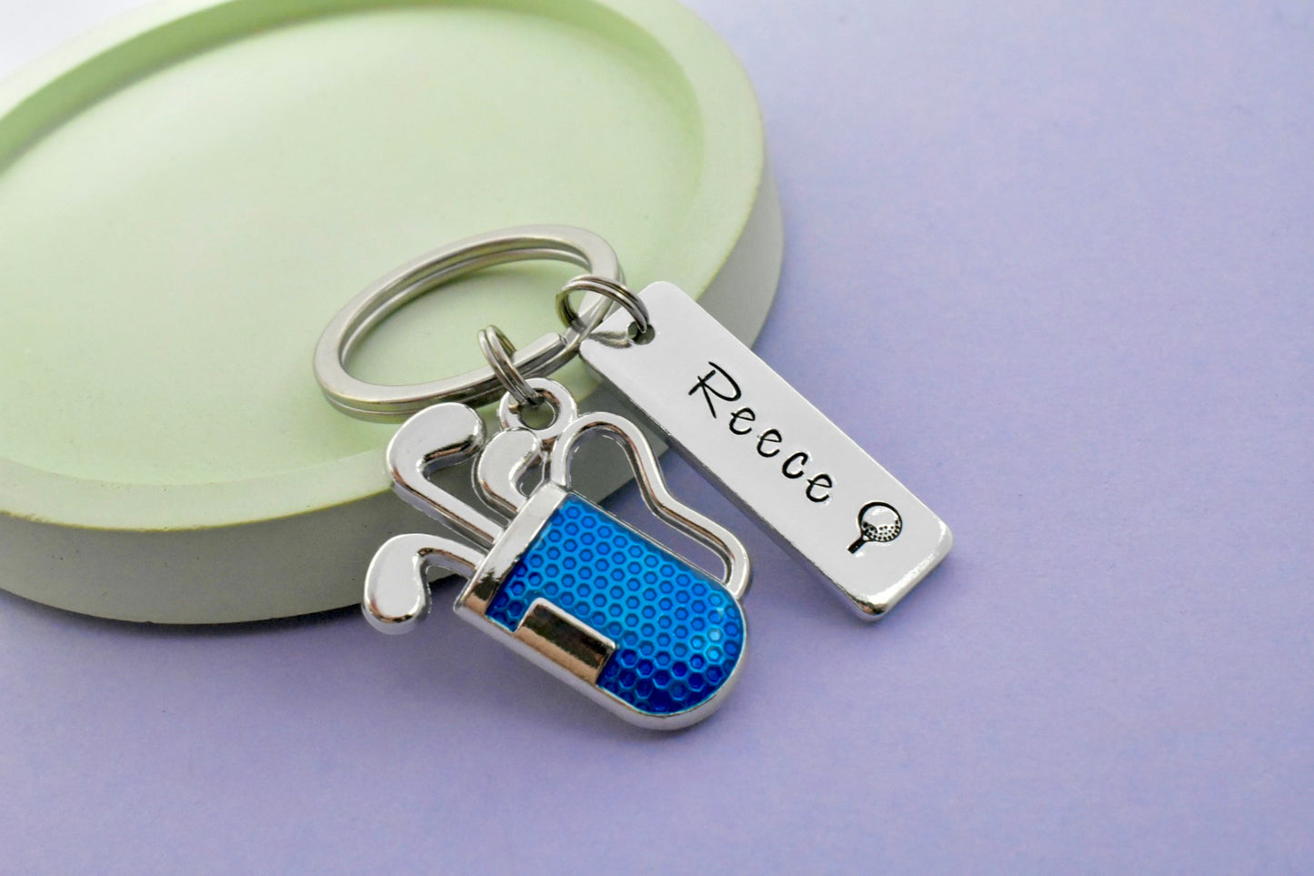 Personalised Golf Keyring with Blue Golf Bag Charm | Handmade UK