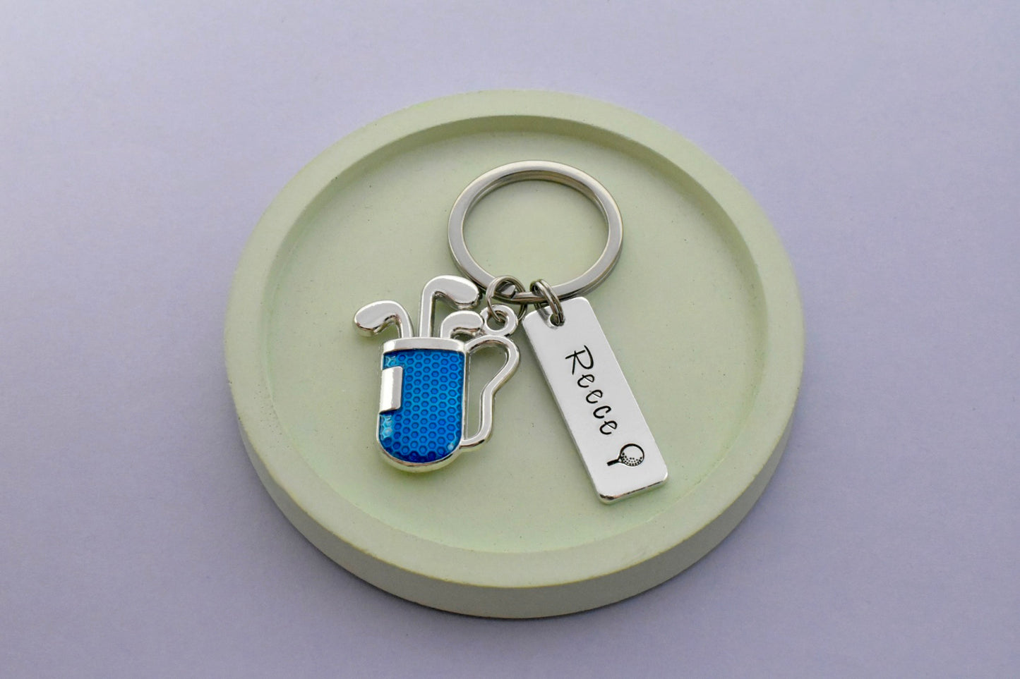 Personalised Golf Keyring with Blue Golf Bag Charm | Handmade UK