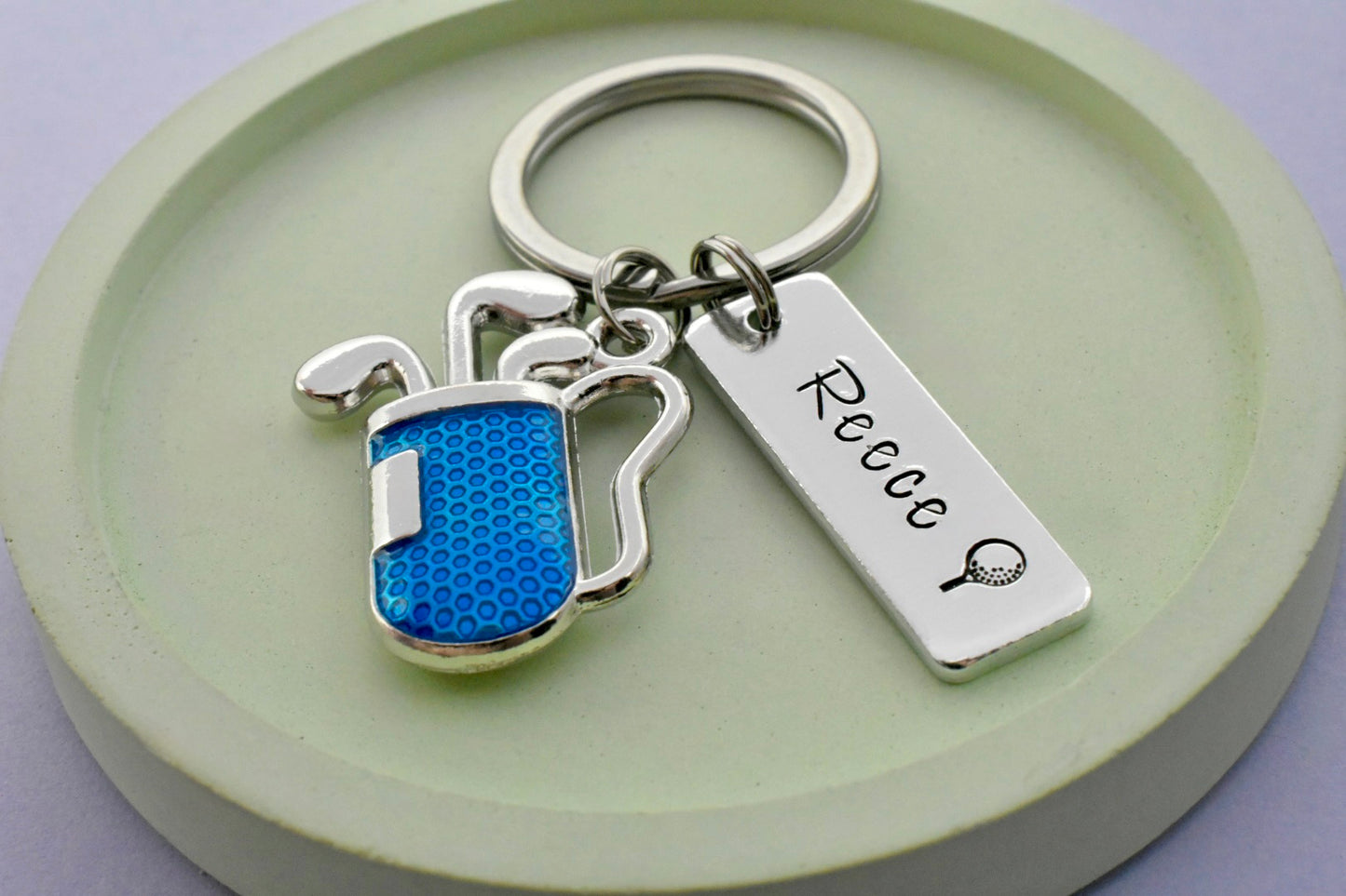 Personalised Golf Keyring with Blue Golf Bag Charm | Handmade UK