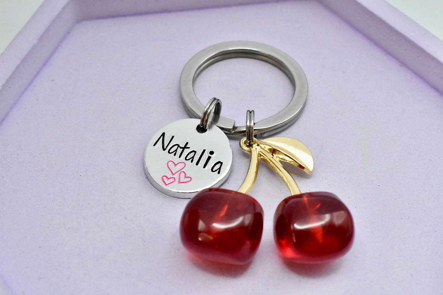 Cherry Charm Keyring • Personalised Name Key Chain • Cherry Bag Charm • Cute Gift • Bag Or Keys Accessory
