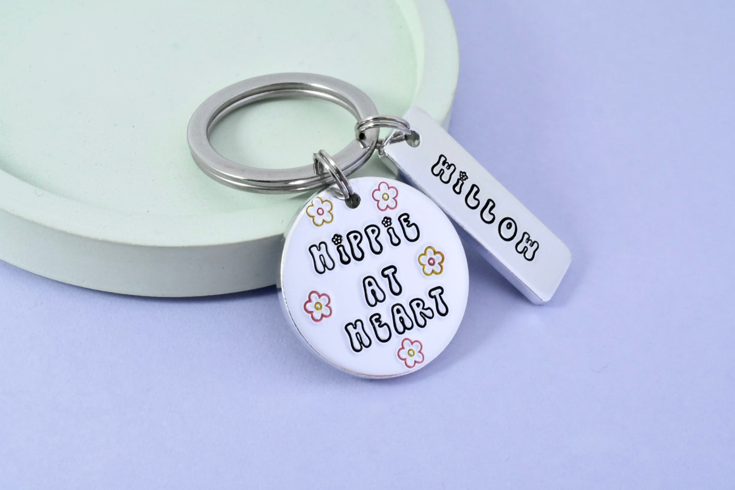 Personalised Hippie At Heart Keyring • Hippy Key Ring • Fan of the 60's • Cute Retro Gift • Boho Keychain • Hippie Vibes Gift