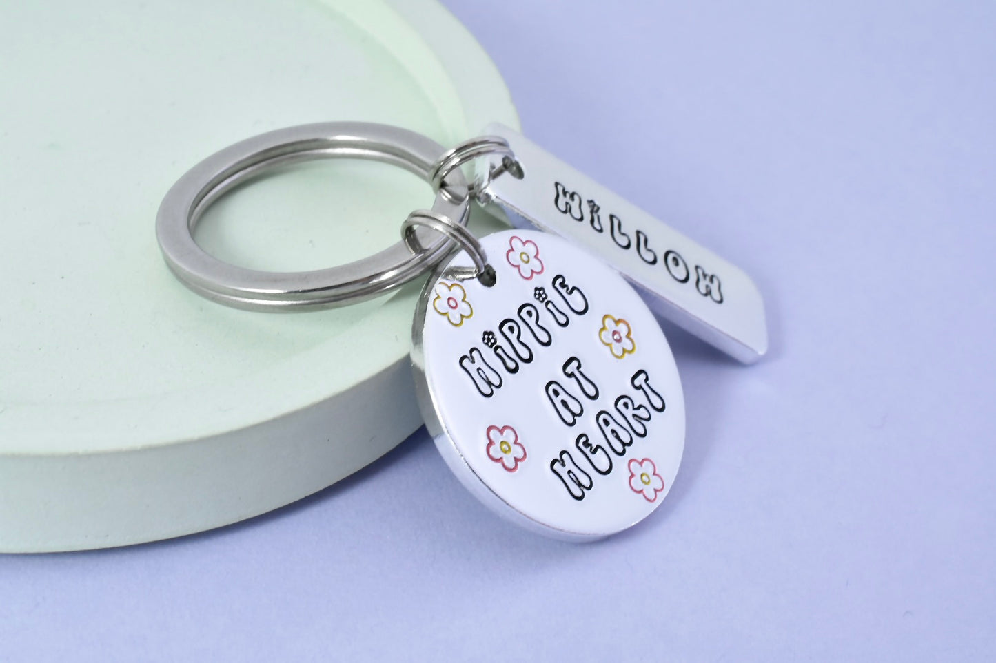 Personalised Hippie At Heart Keyring • Hippy Key Ring • Fan of the 60's • Cute Retro Gift • Boho Keychain • Hippie Vibes Gift