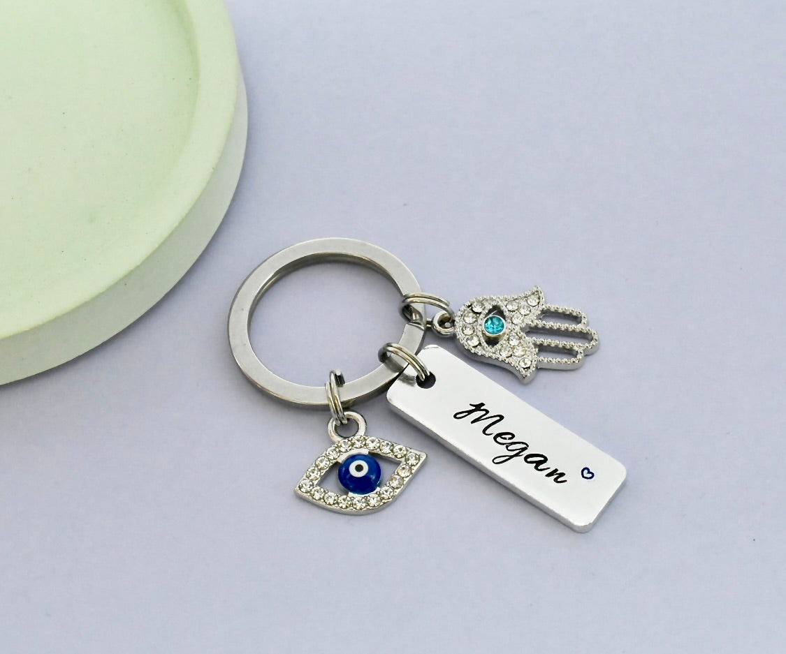 Evil Eye and Hamsa Keyring • Personalised Spiritual Keychain • Protection Keyring • Good Luck Charm