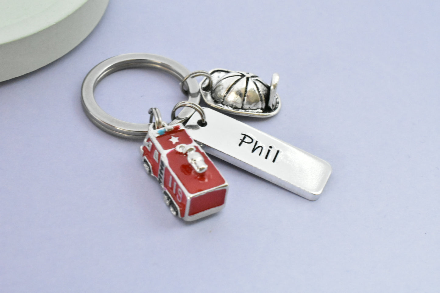 Personalised Firefighter Keyring: Fire Engine Charm, Stay Safe Gift