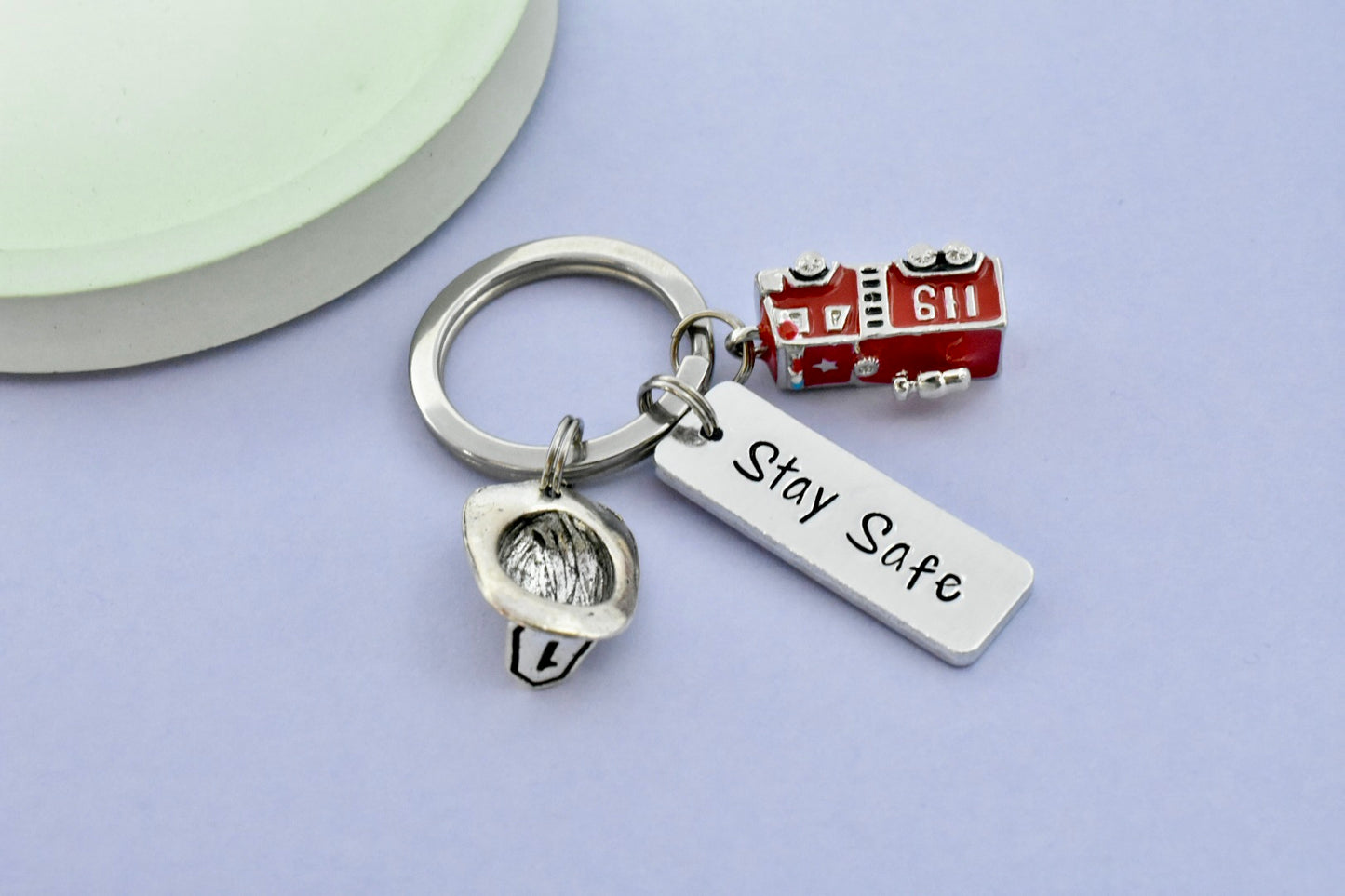 Personalised Firefighter Keyring: Fire Engine Charm, Stay Safe Gift