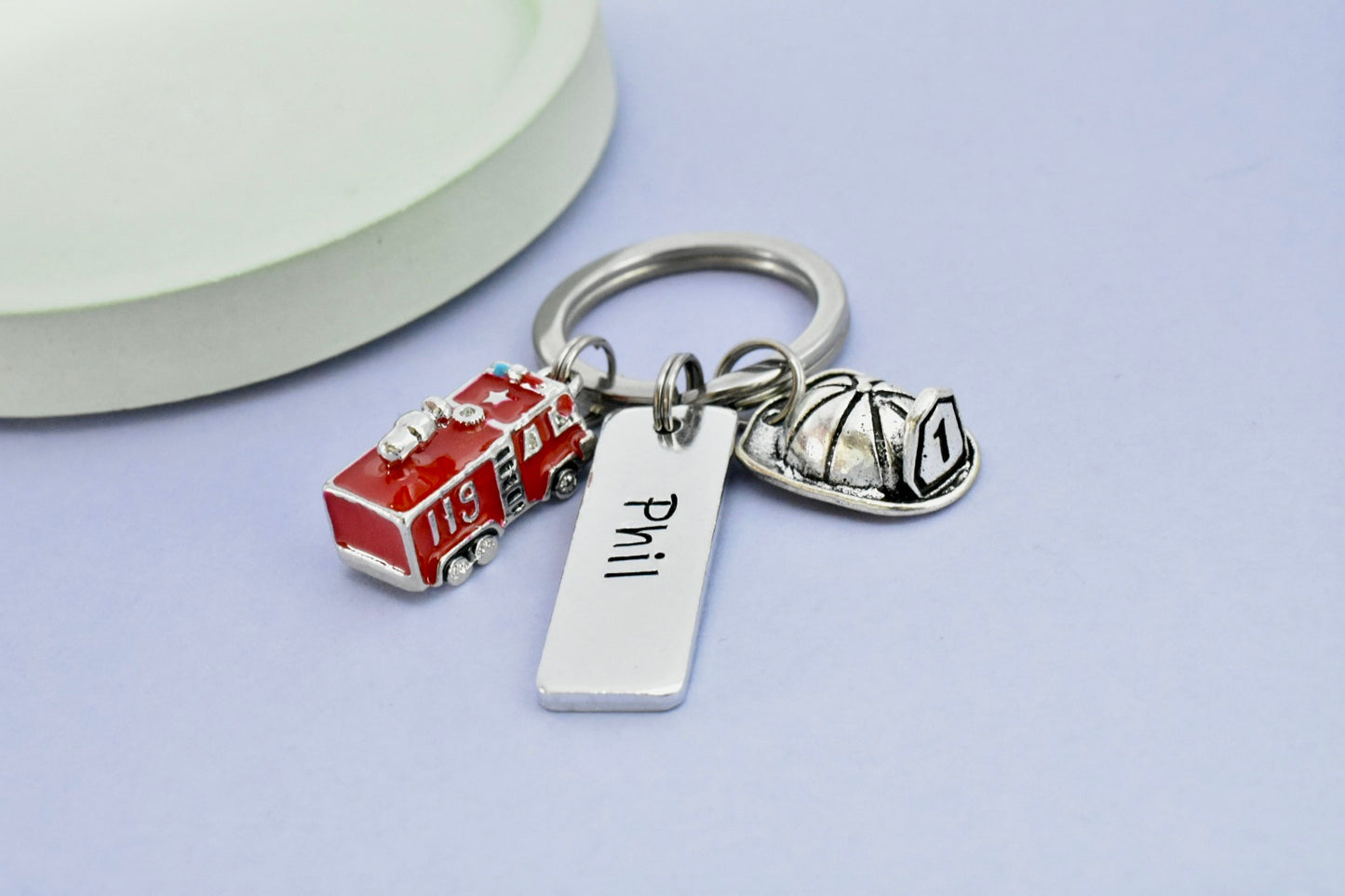 Personalised Firefighter Keyring: Fire Engine Charm, Stay Safe Gift