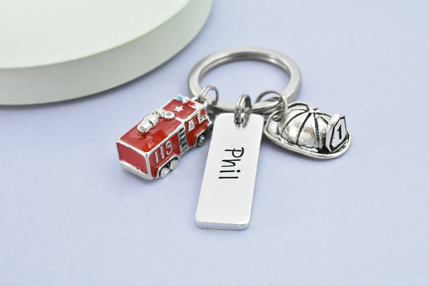 Personalised Firefighter Keyring: Fire Engine Charm, Stay Safe Gift