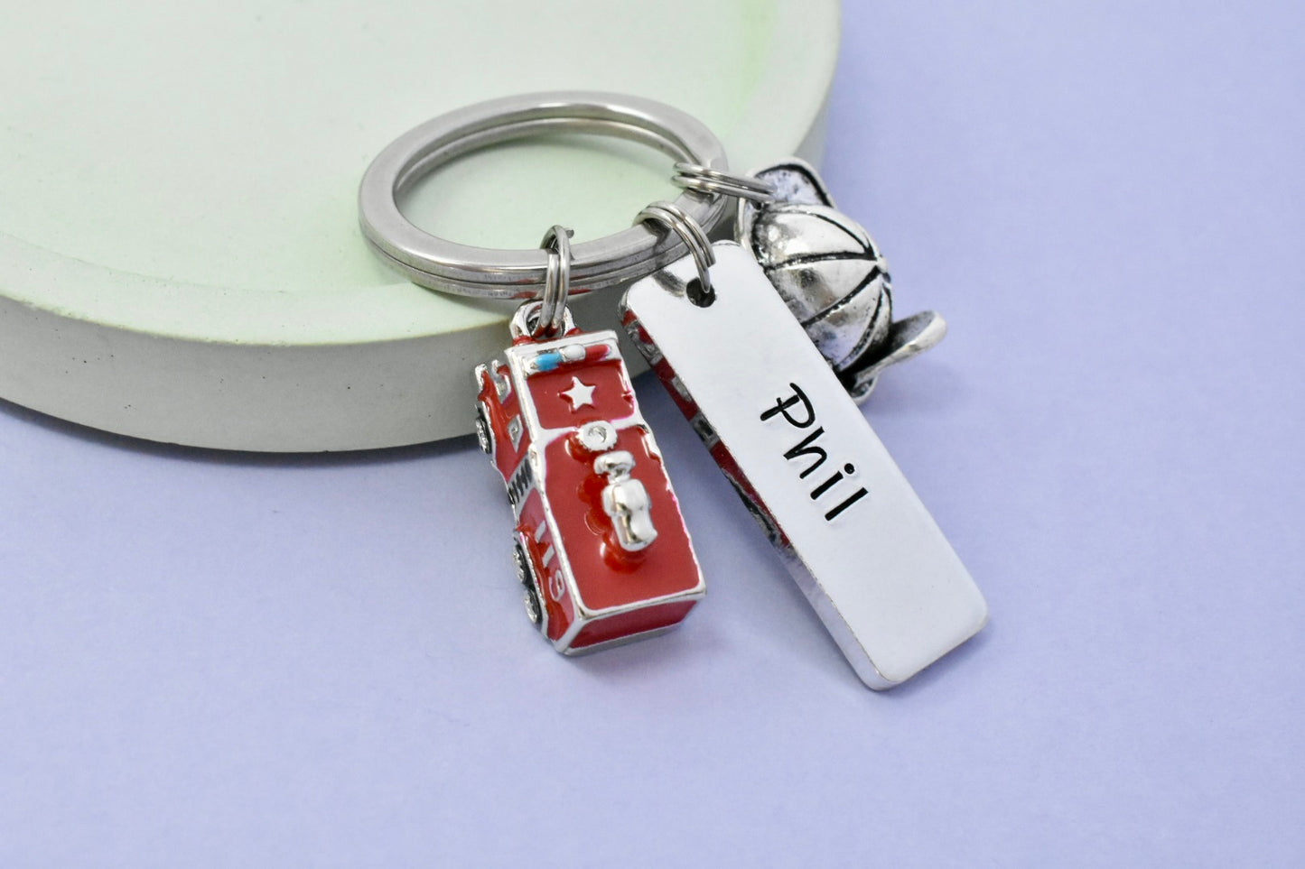 Personalised Firefighter Keyring: Fire Engine Charm, Stay Safe Gift
