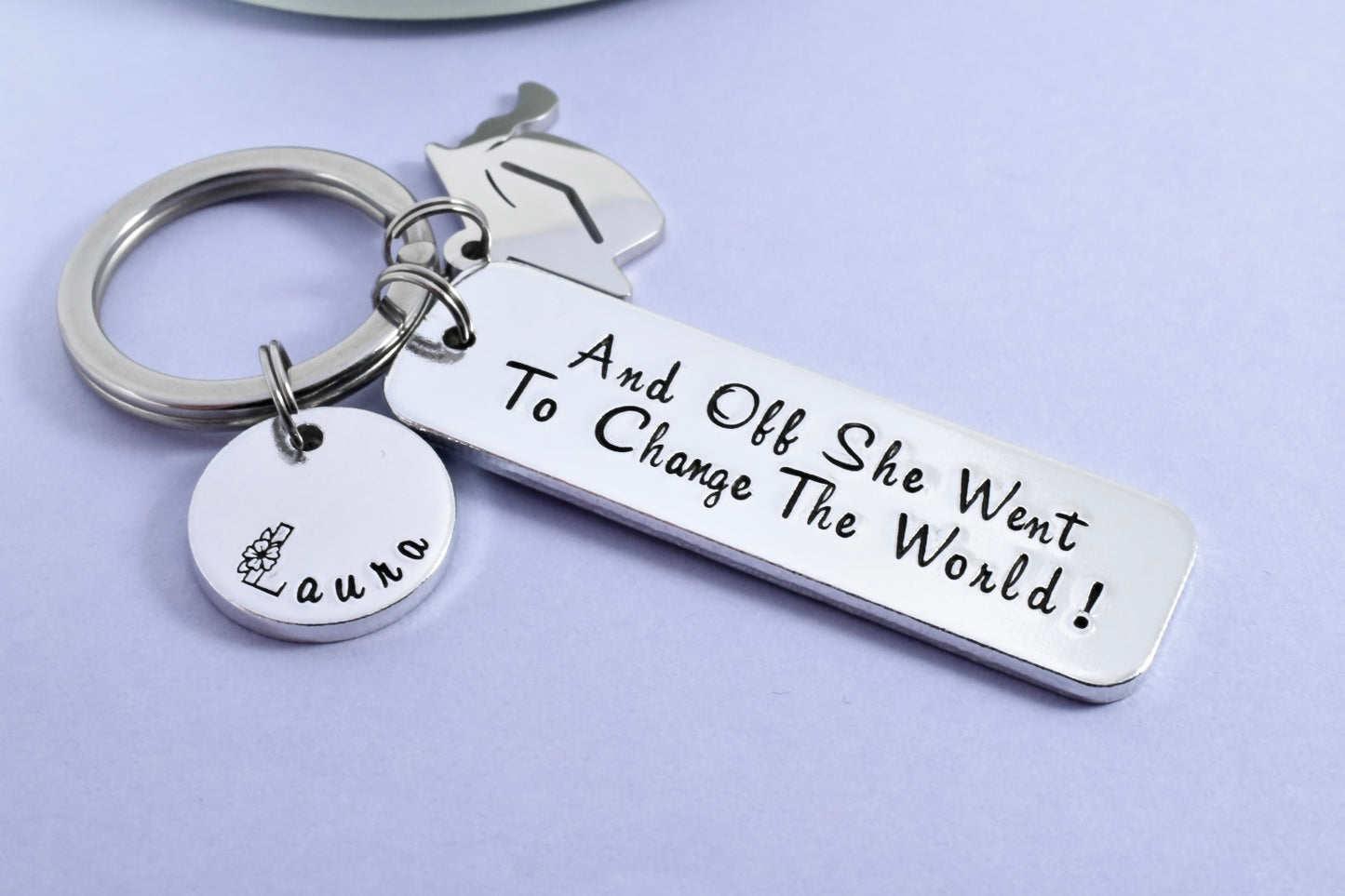 Personalised "And Off She Went To Change The World" Keyring • Graduation Keyring • Optional Mortarboard Charm • Grad Gift • Leaving Home