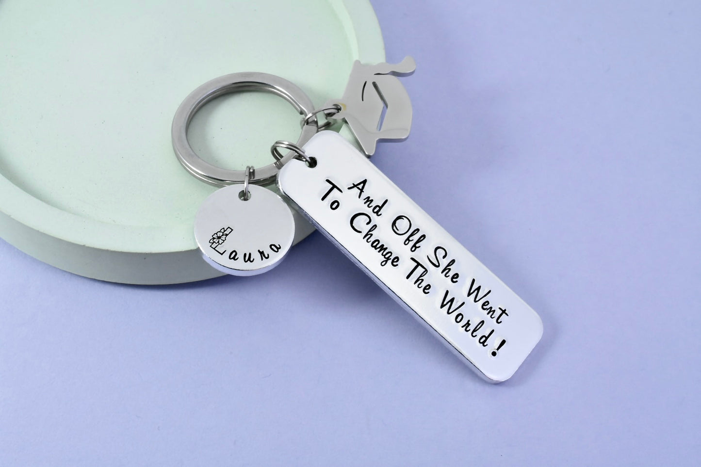Personalised "And Off She Went To Change The World" Keyring • Graduation Keyring • Optional Mortarboard Charm • Grad Gift • Leaving Home