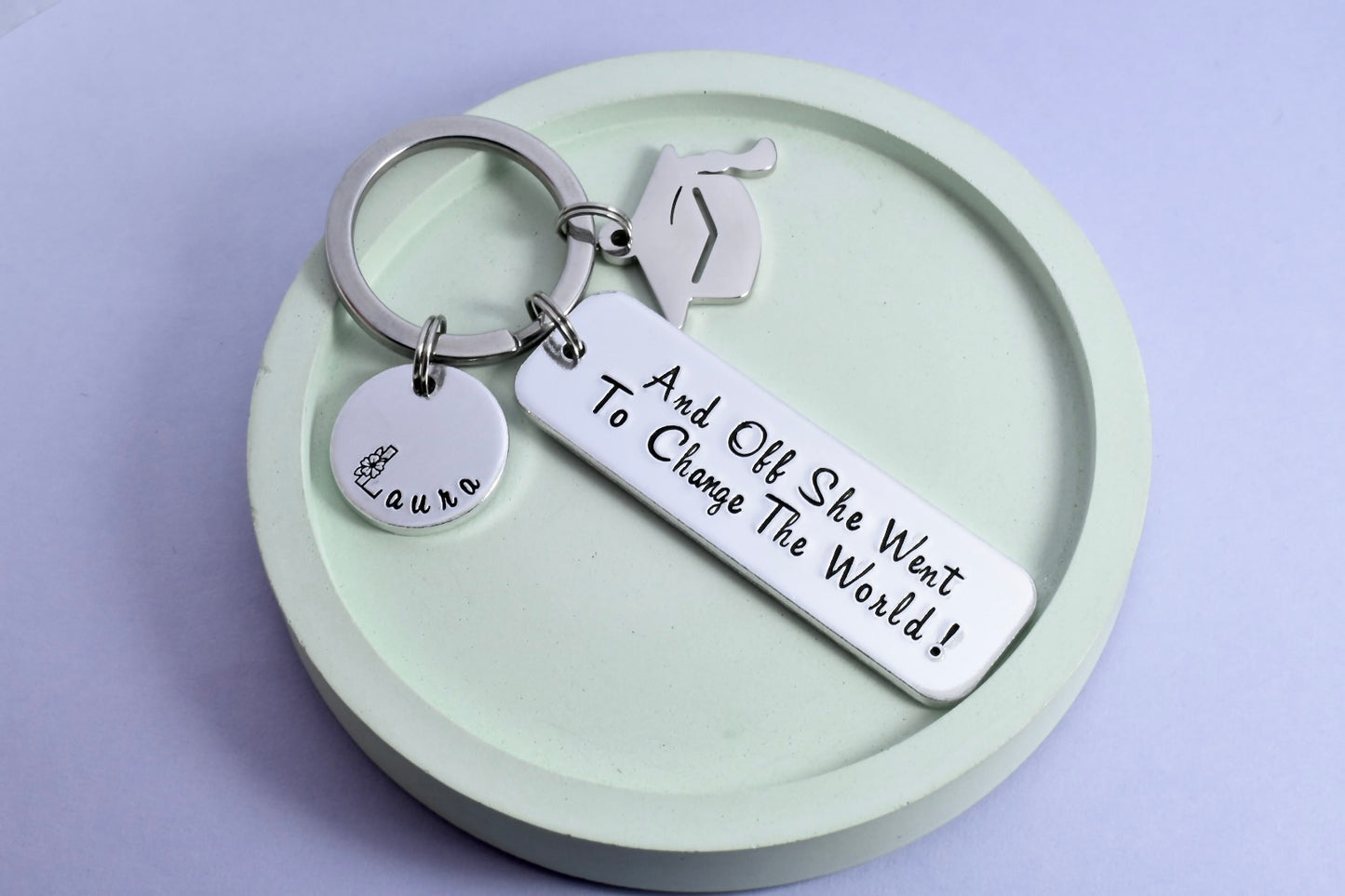 Personalised "And Off She Went To Change The World" Keyring • Graduation Keyring • Optional Mortarboard Charm • Grad Gift • Leaving Home